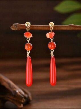 Gold-Tone Red Drop & Bead Dangle Earrings